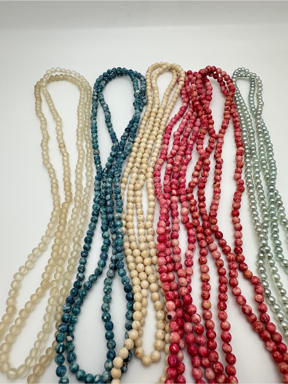 Classic Multicolor Beaded Necklace Set of Five - Red, Teal, Cream, Pearl, Silver - Picture 3 of 10